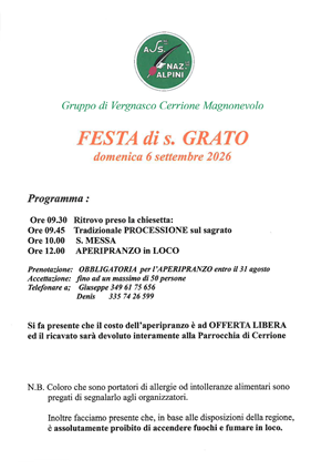 Festa di San Grato - Domenica 6 settembre 2026