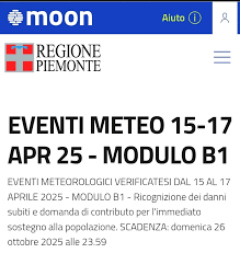 Regione Piemonte - sostegno alla popolazione in conseguenza agli eventi metereologici verificatesi dal 15 al 17 aprile 2025 - modello B1 digitalizzato riservato ai privati